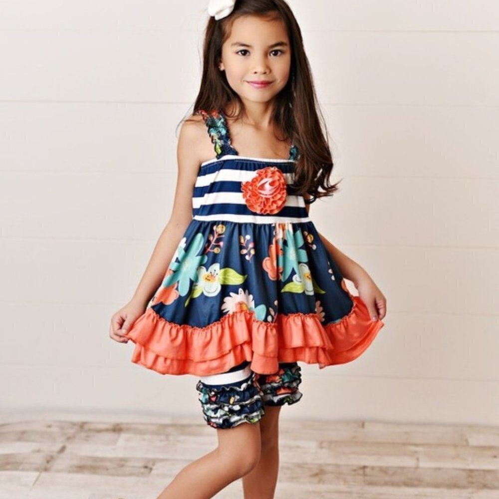 Navy & Coral Print Top With Rosette Detail And Ruffle Shorts